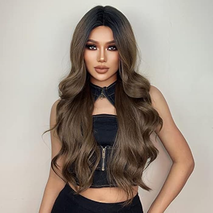 ECIF Brown Lace Front Wigs Long Brown Curly Wigs For Women With Dark Roots Wig With Babyhair Natural Glueless Heat Resistant Synthetic Wigs For Daily Use Dating Party Cosplay Taking Photos - Image 3